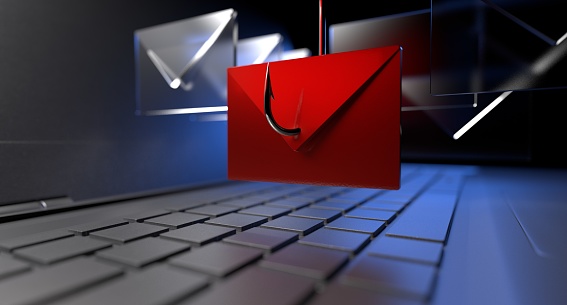 A red envelope with a fishing hook through it, indicating a phishing email.