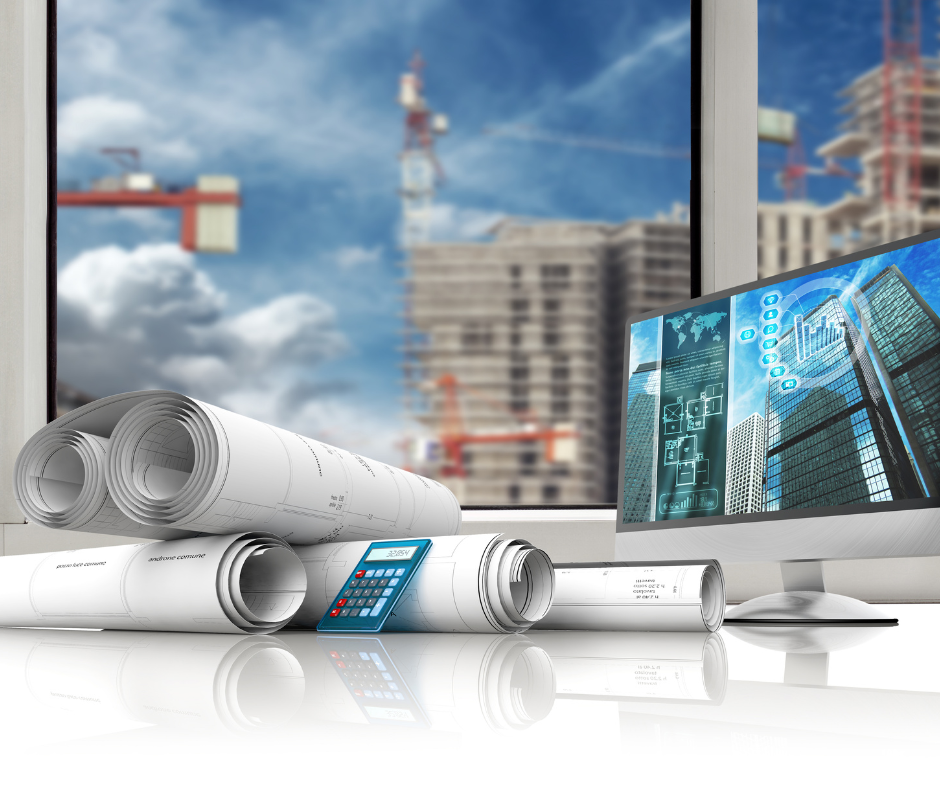 Construction plans with Denver background and Computer