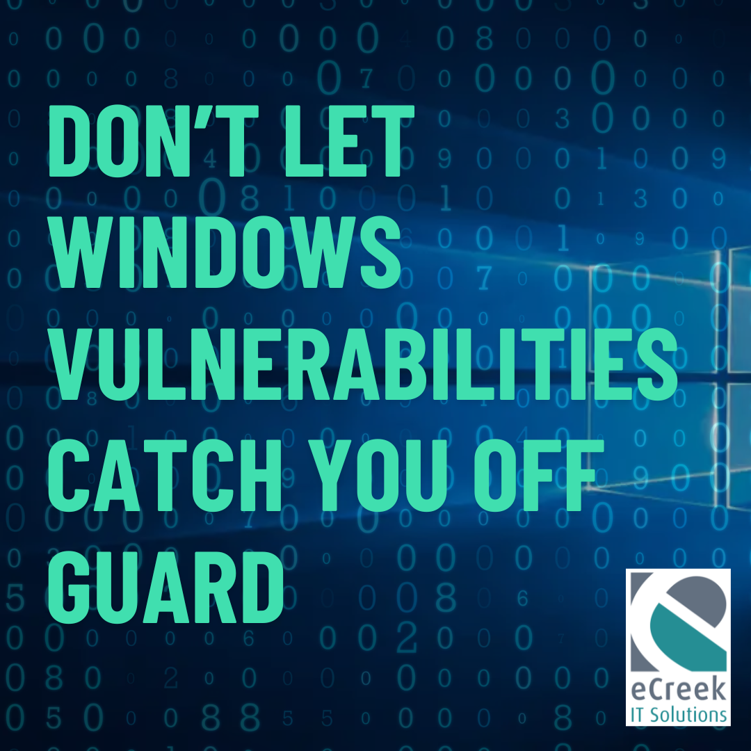 Graphic warning Denver businesses about Windows security vulnerabilities with eCreek IT Solutions logo.