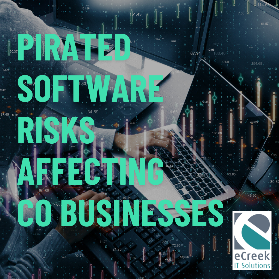 Person typing on a laptop surrounded by digital code, highlighting risks of pirated software and cybersecurity threats to Colorado businesses