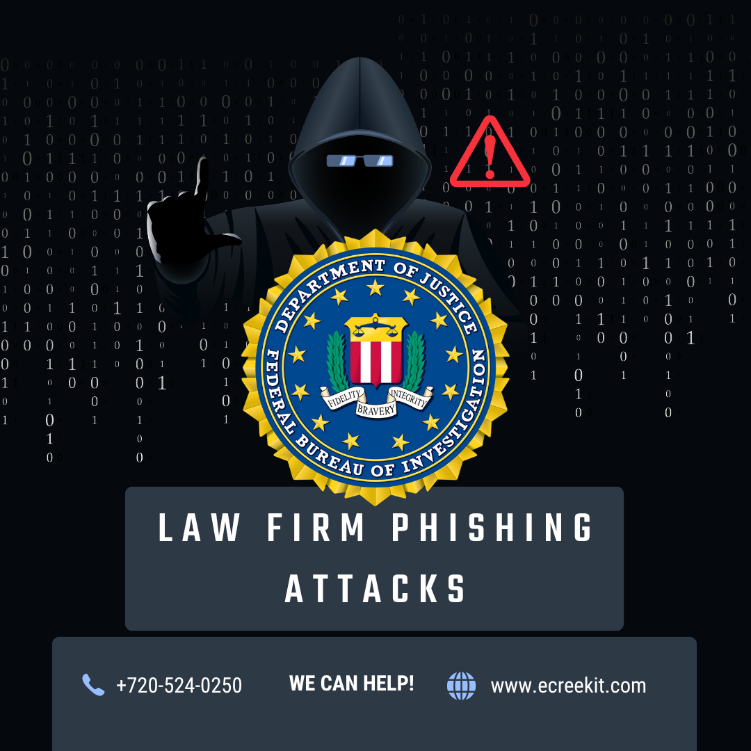Illustration of FBI warning about cybercriminal targeting of law firms through phishing scams, featuring a hooded hacker and the Department of Justice seal