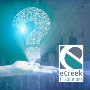 Digital question mark above open hand representing IT support and cloud services with eCreek IT Solutions logo – Denver-based managed service provider specializing in cybersecurity, cloud migration, and small business tech support FAQs