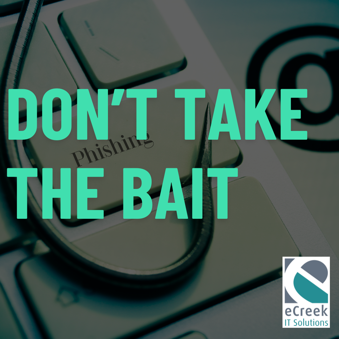 Phishing awareness message "Don't Take the Bait" over keyboard with fish hook and eCreek IT Solutions logo