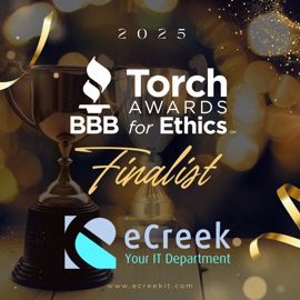 Gold trophy with text “BBB Torch Awards for Ethics Finalist 2025” alongside eCreek IT Solutions logo, celebrating recognition for ethical business practices.