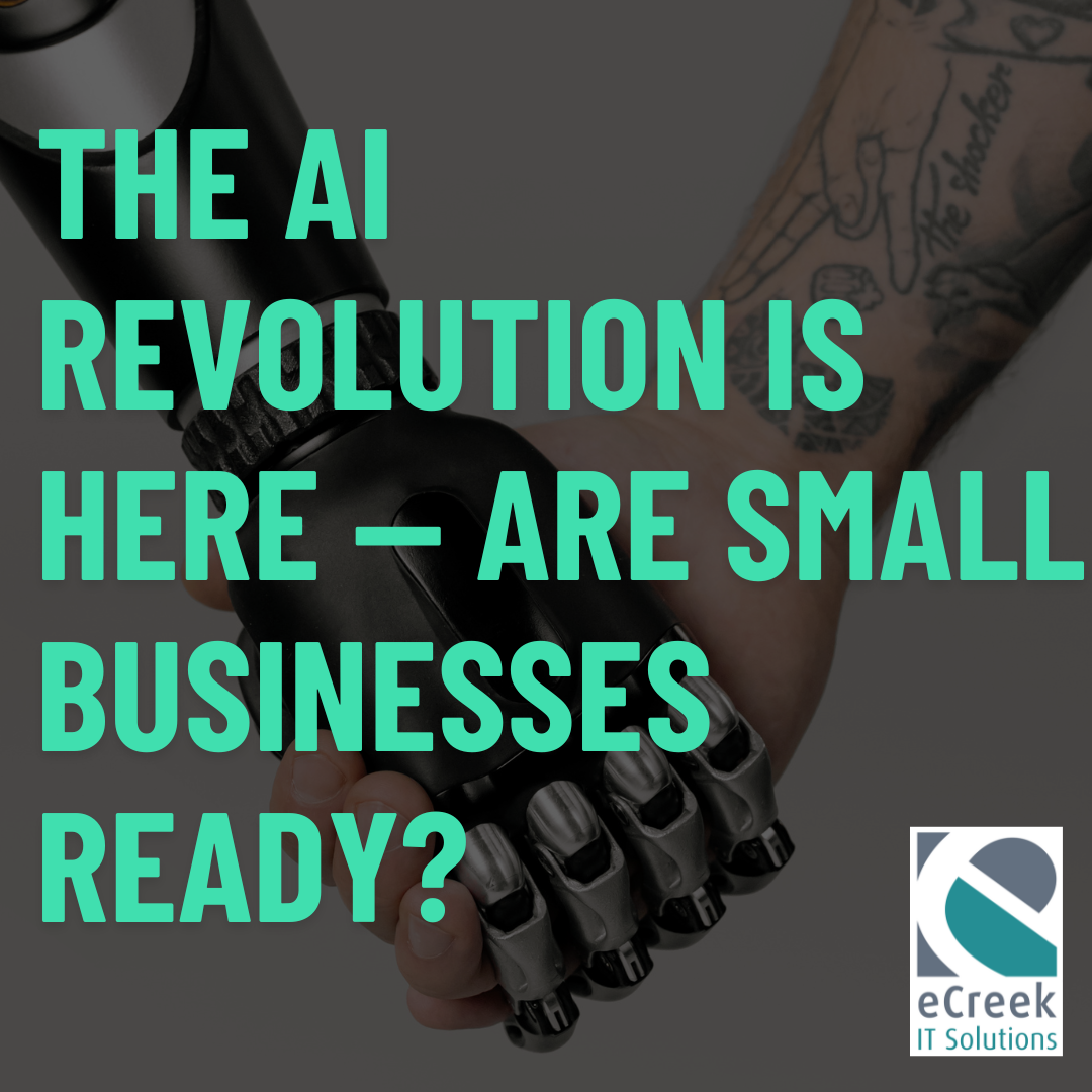 Human shaking hands with a robotic arm symbolizing the AI revolution and small business technology transformation