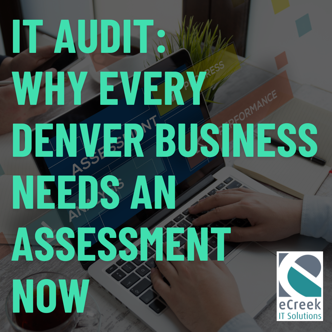 Laptop with IT assessment dashboard, highlighting importance of IT audits for Denver businesses, eCreek IT Solutions logo in corner.