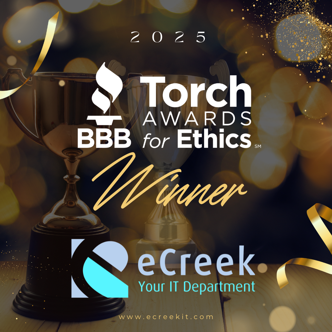 Graphic announcing eCreek as the 2025 BBB Torch Award for Ethics winner with gold trophies and celebratory ribbon background.