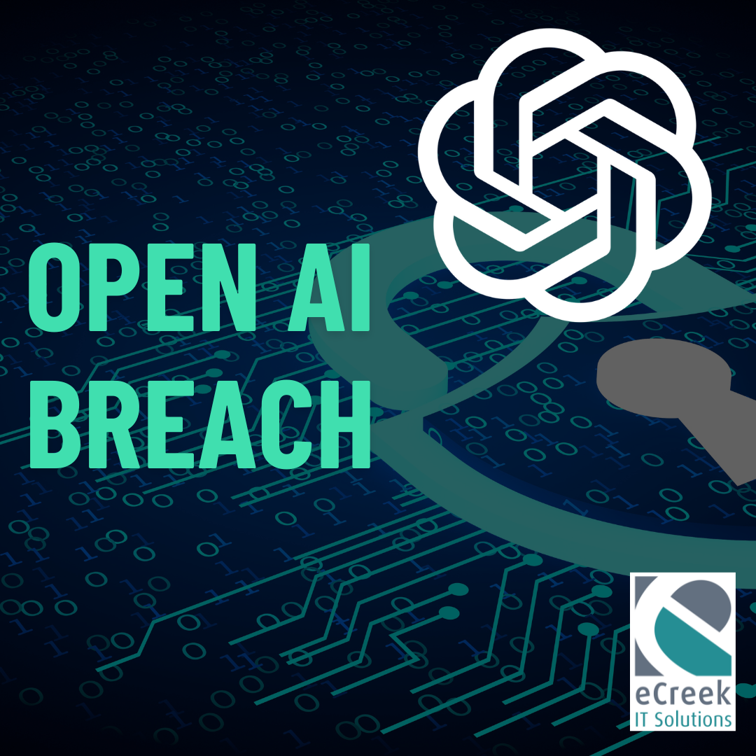OpenAI logo above a digital security background with binary code, a lock icon, and the eCreek IT Solutions logo. Text on the image reads Open AI Breach.