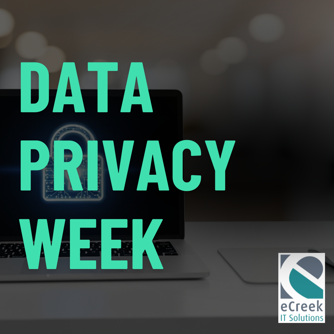 Data Privacy Week graphic showing a laptop with a digital lock icon representing data protection and cybersecurity for Denver businesses