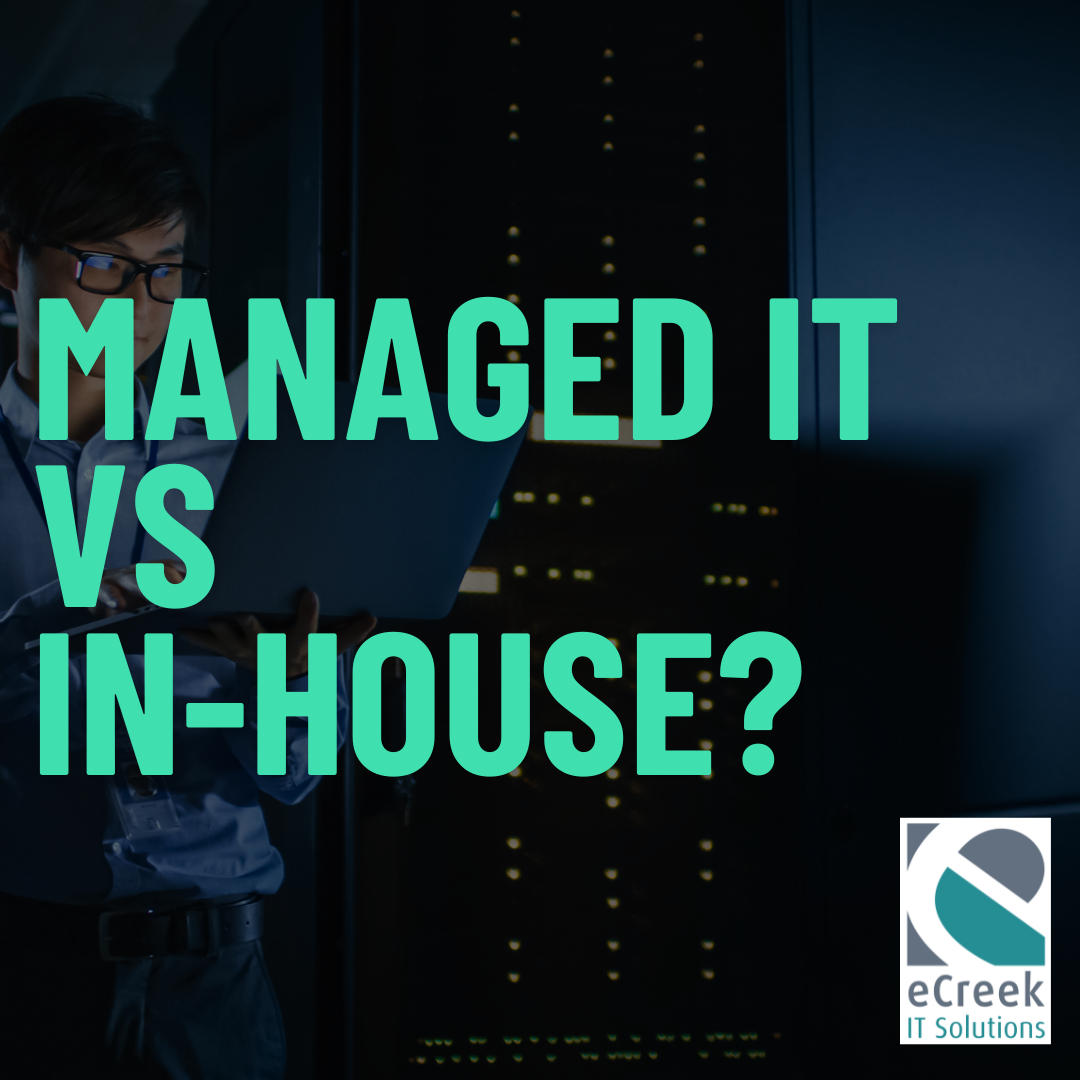 Managed IT vs. in-house IT comparison for a 20 to 50 person Colorado business showing the decision between outsourcing IT support and hiring an internal IT employee.