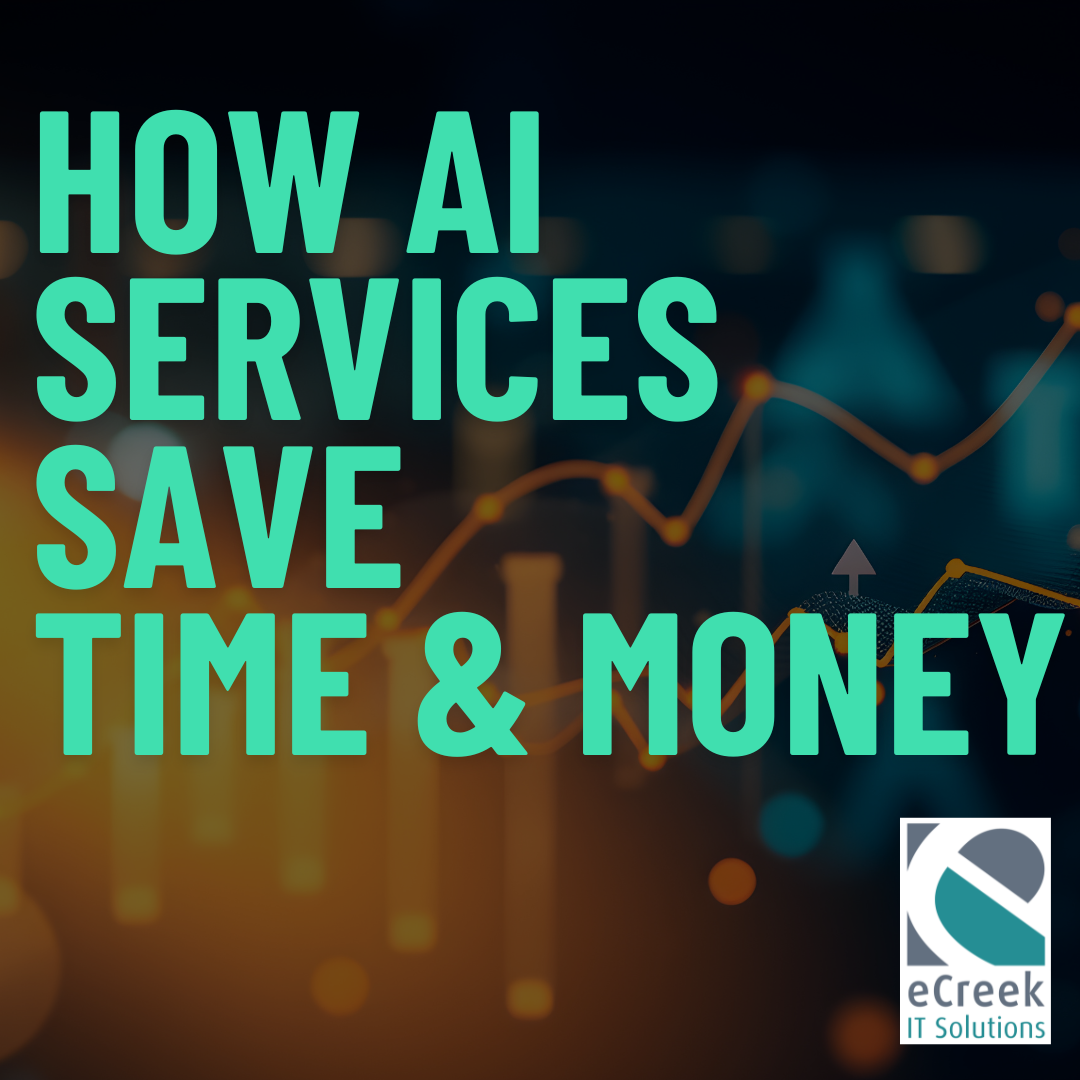 Graphic reading "How AI Services Save Time & Money" with eCreek IT Solutions logo, representing eCreek's AI Practice for Denver businesses