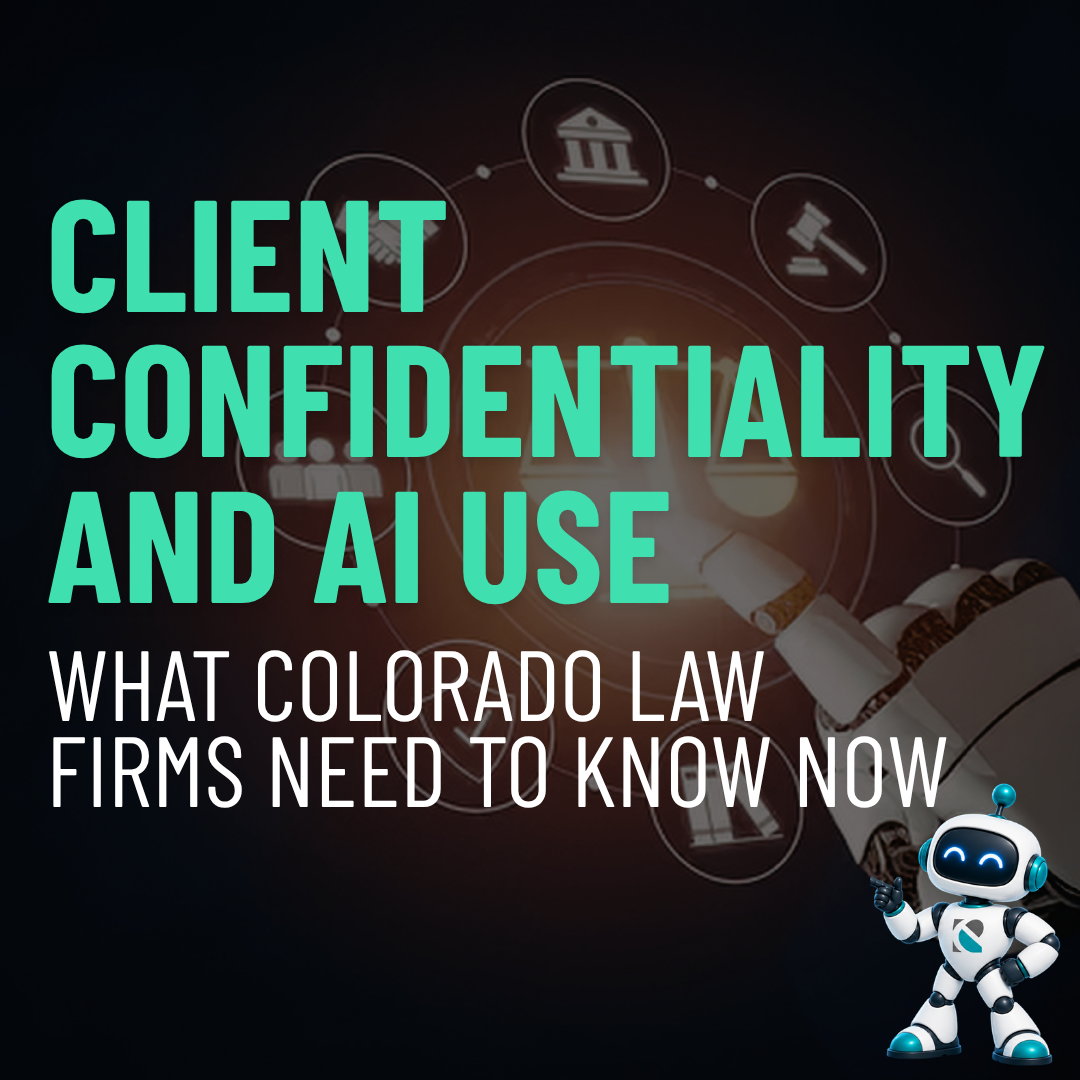 AI robotic arm interfacing with legal icons with green text Client confidentiality and AI use for Colorado law firms
