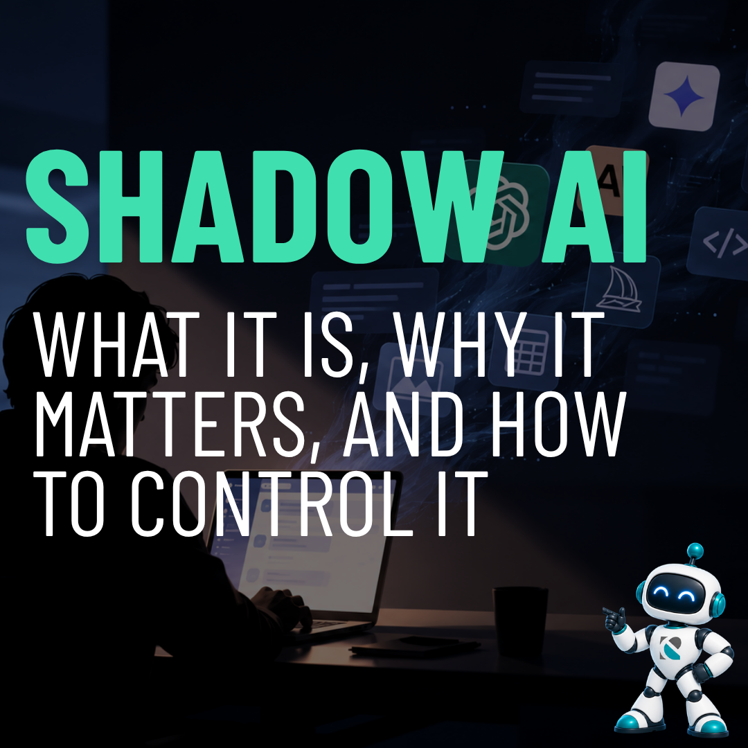 Shadow AI in the workplace showing an employee using AI tools outside company IT oversight, highlighting business data security and AI governance risks.